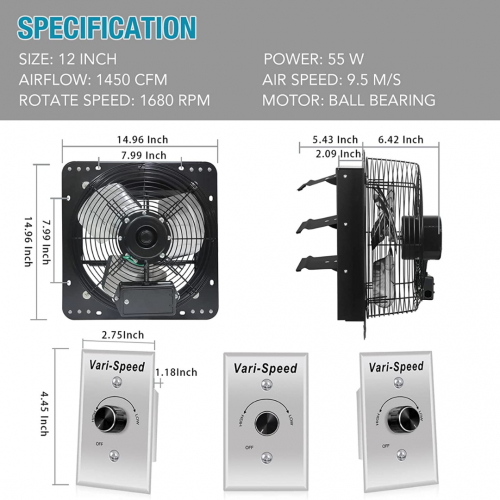 VENTISOL 12-дюймовый вытяжной вентилятор с регулируемой заслонкой и регулятором скорости