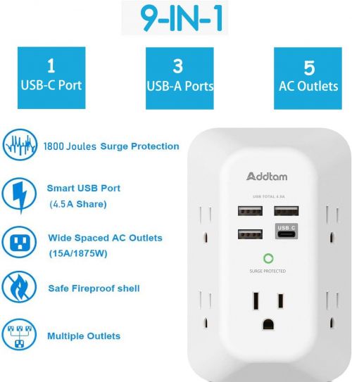 Настенное зарядное устройство USB на 5 розеток с 4 портами USB