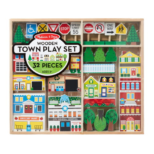 Игровой набор Melissa & Doug Wooden Town с лотком для хранения (32 предмета)